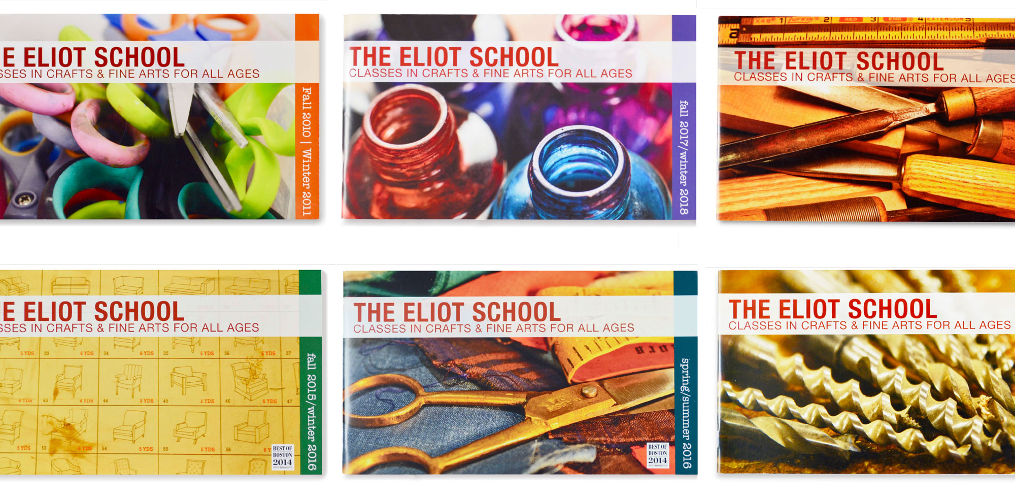 six Eliot School magazine covers with classroom supplies for each background