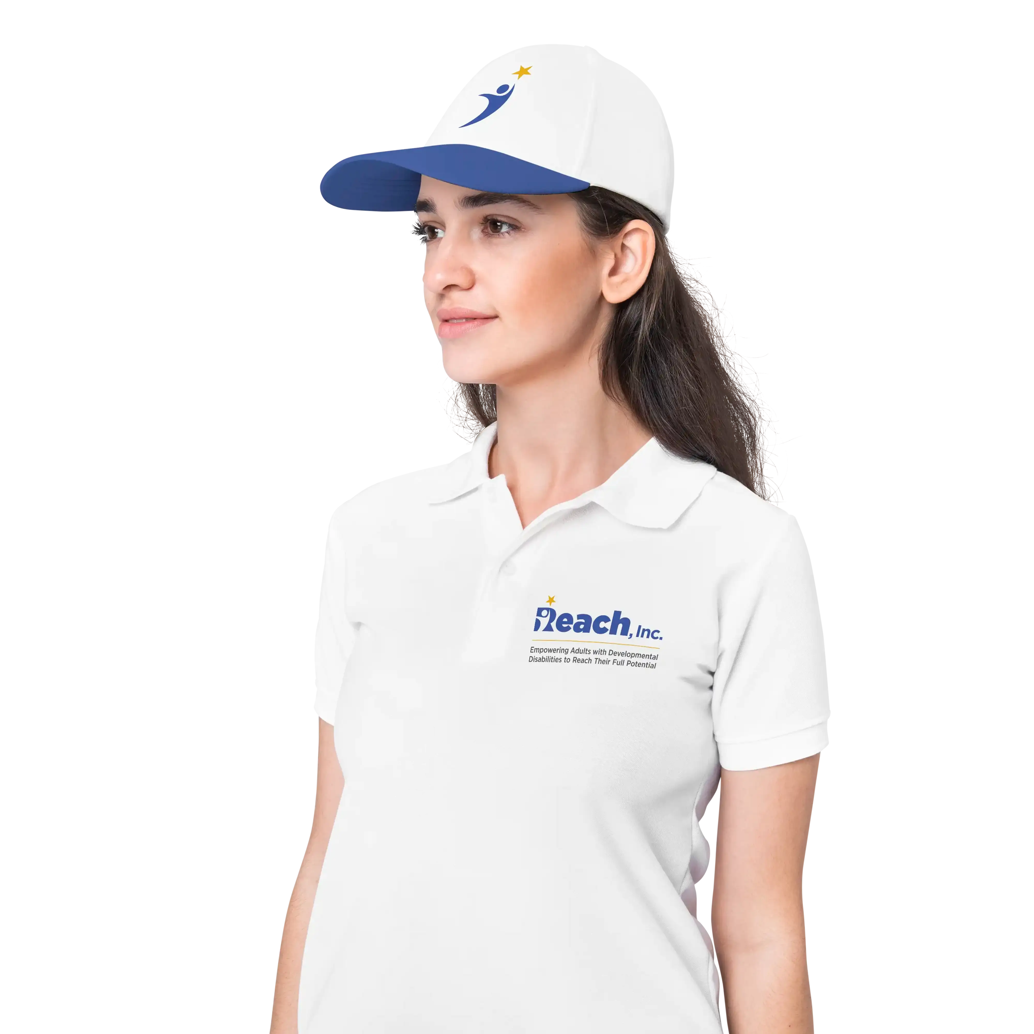 Woman wearing Reach hat and shirt