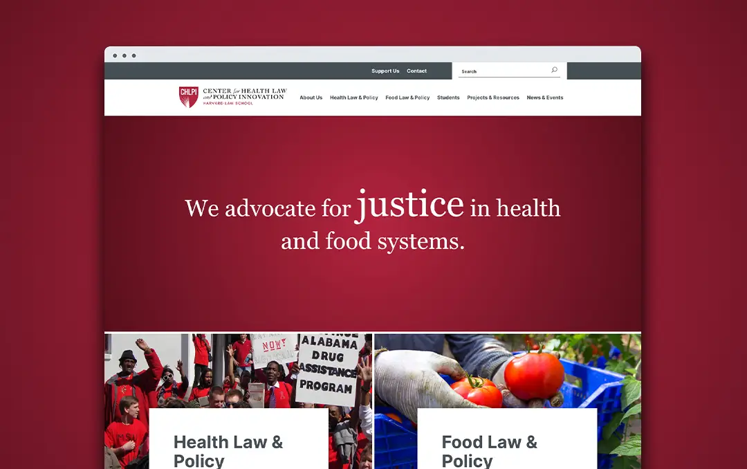 Website screenshot saying We advocate for justice in health and food systems
